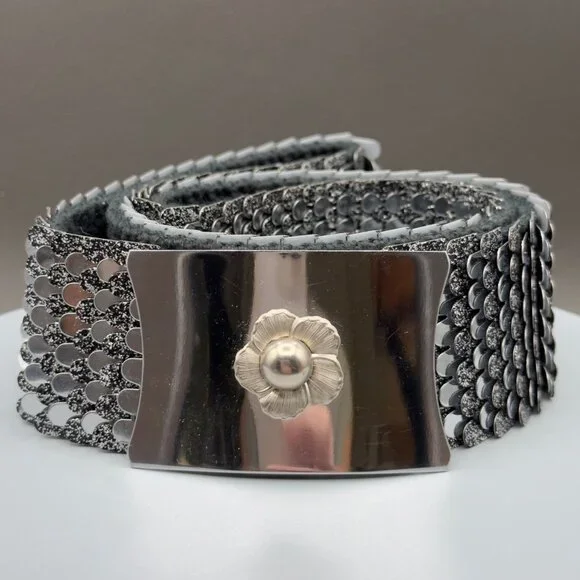 Vintage Women's Belt Small Medium Silver Fish Scale Metal Stretch Floral Buckle - Picture 2 of 15